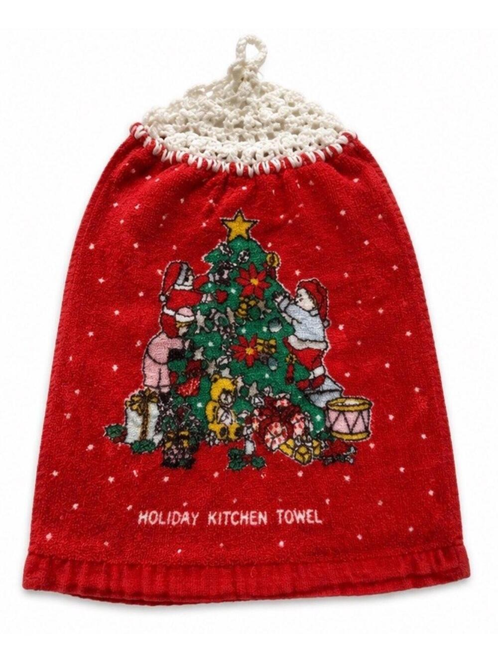 Vintage Christmas Holiday Kitchen Towel Santa Decorating Tree Crochet Top Red
